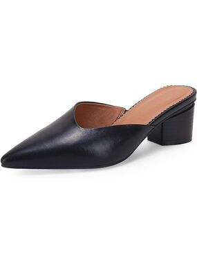 🆕 Womens Black Shoes Leather Pointed Toe Chunky Block Low Heel Mule Pumps